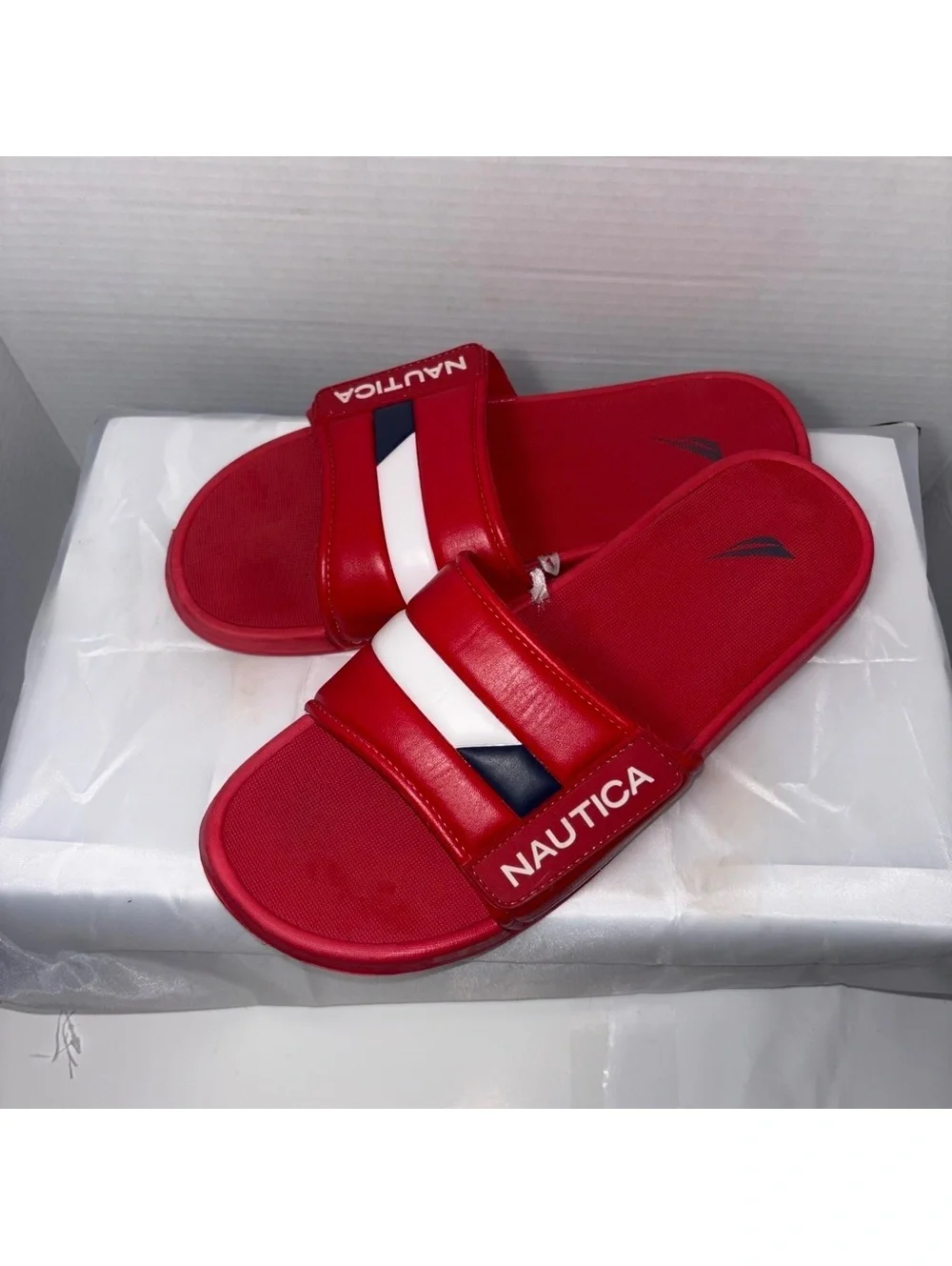 Nautica Red Slide Sandals with White and Navy Accent